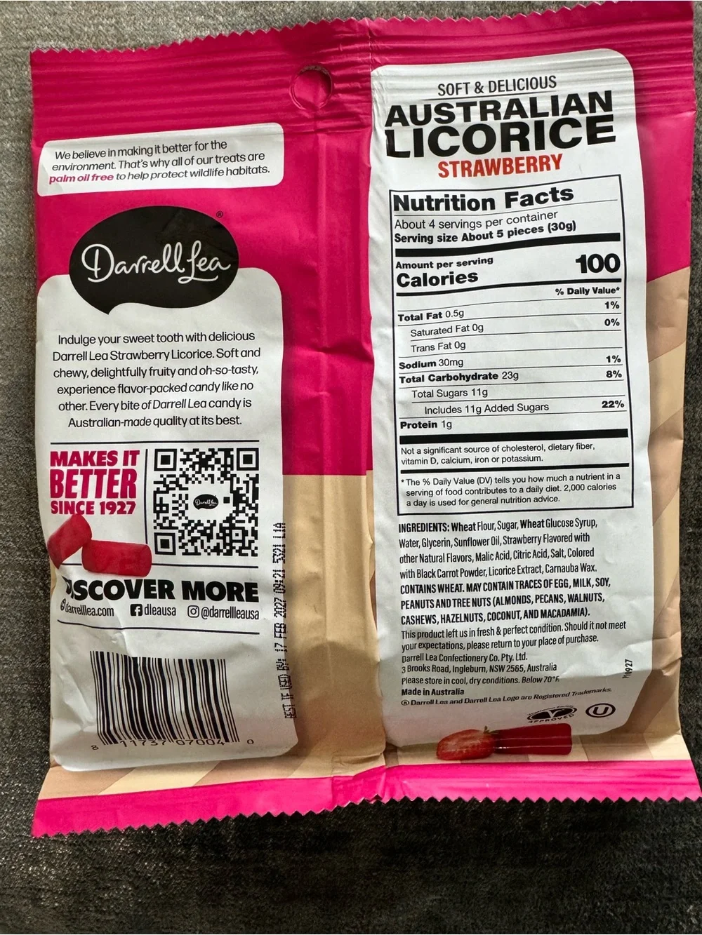Strawberry Australian Licorice - Bright Red Candy Pack Darrell Lea Plant Based